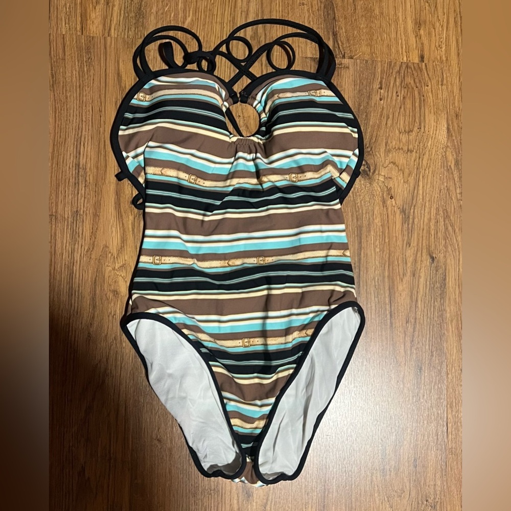 Anne Cole Striped One Piece Swimsuit - Brown, Jade, Cream